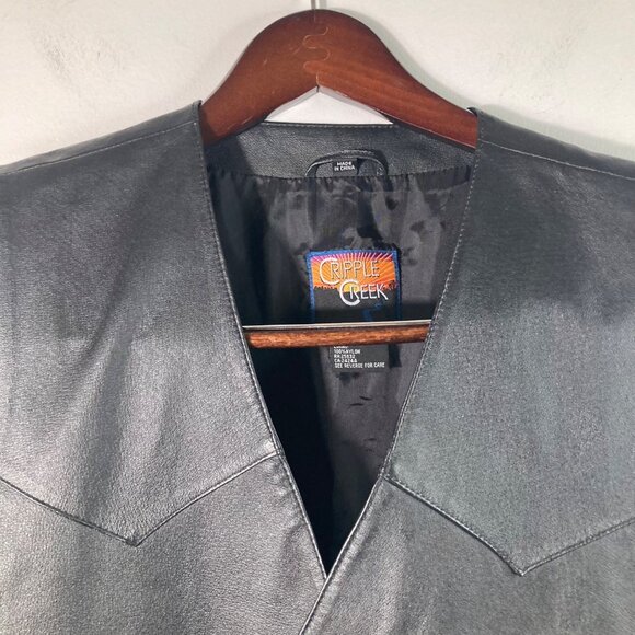 Mens Cripple Creek Leather Western Vest L Black Button Front Leather Nylon Lined - Picture 3 of 7